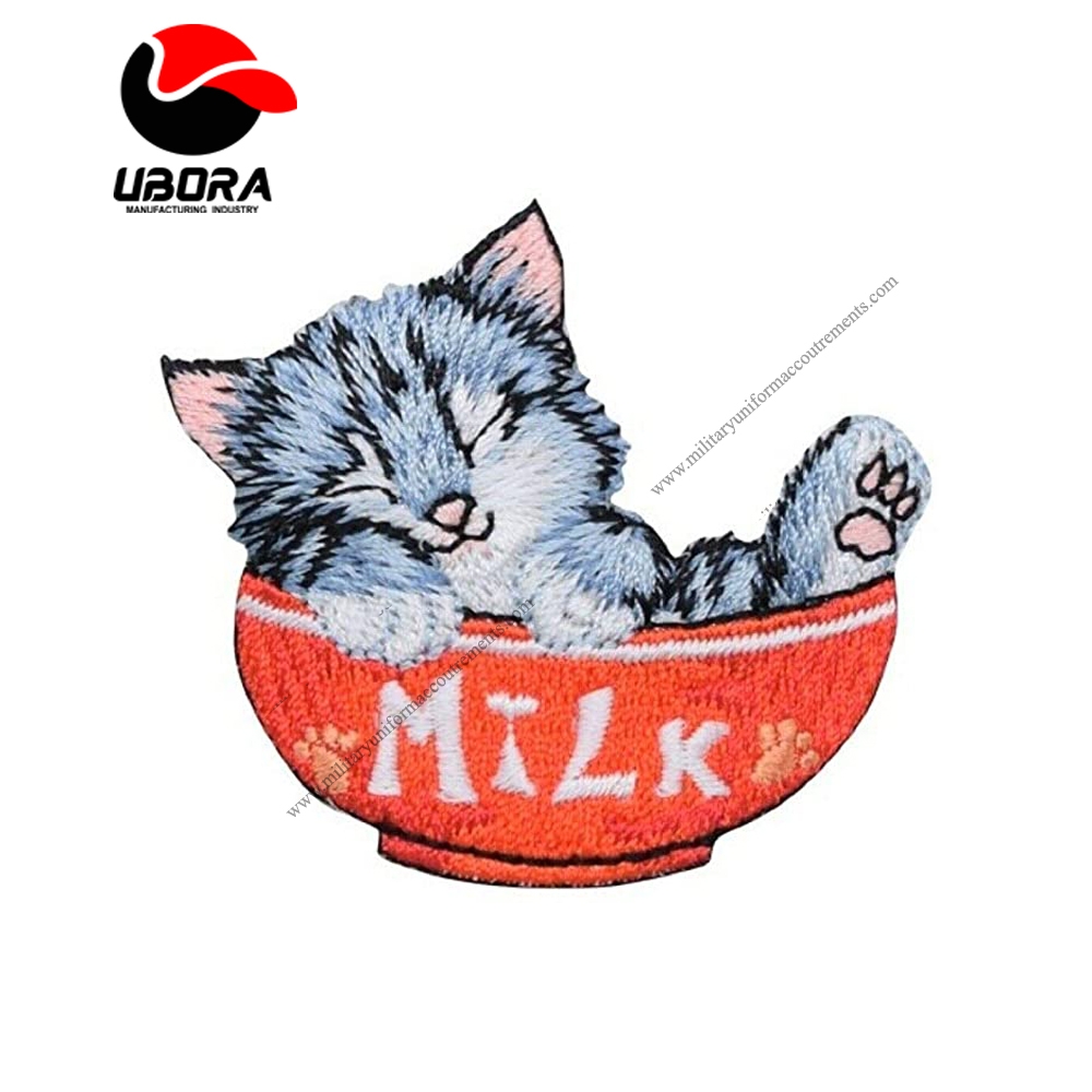 Spk Art Cat Gray Kitten Bowl of Milk Embroidery Applique Iron On Patch, Sew on Patches Badge DIY 